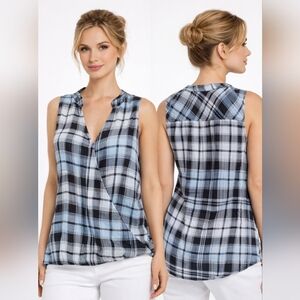 Splendid Plaid Surplice Tank Sleeveless Cotton Gauze Style Crinkle Blue Black Wh